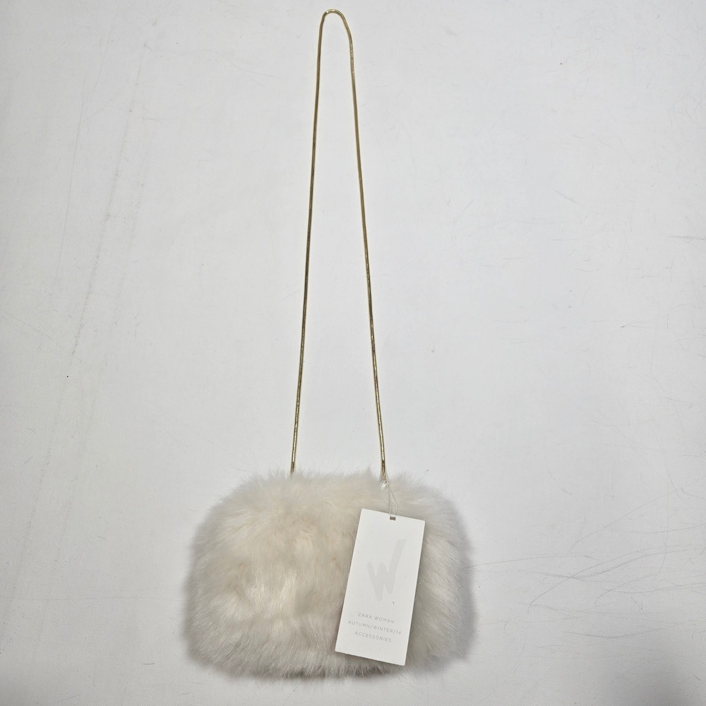 Zara Faux Fur Crossbody Bag Cream Gold Chain Strap Evening Clutch Handbag New